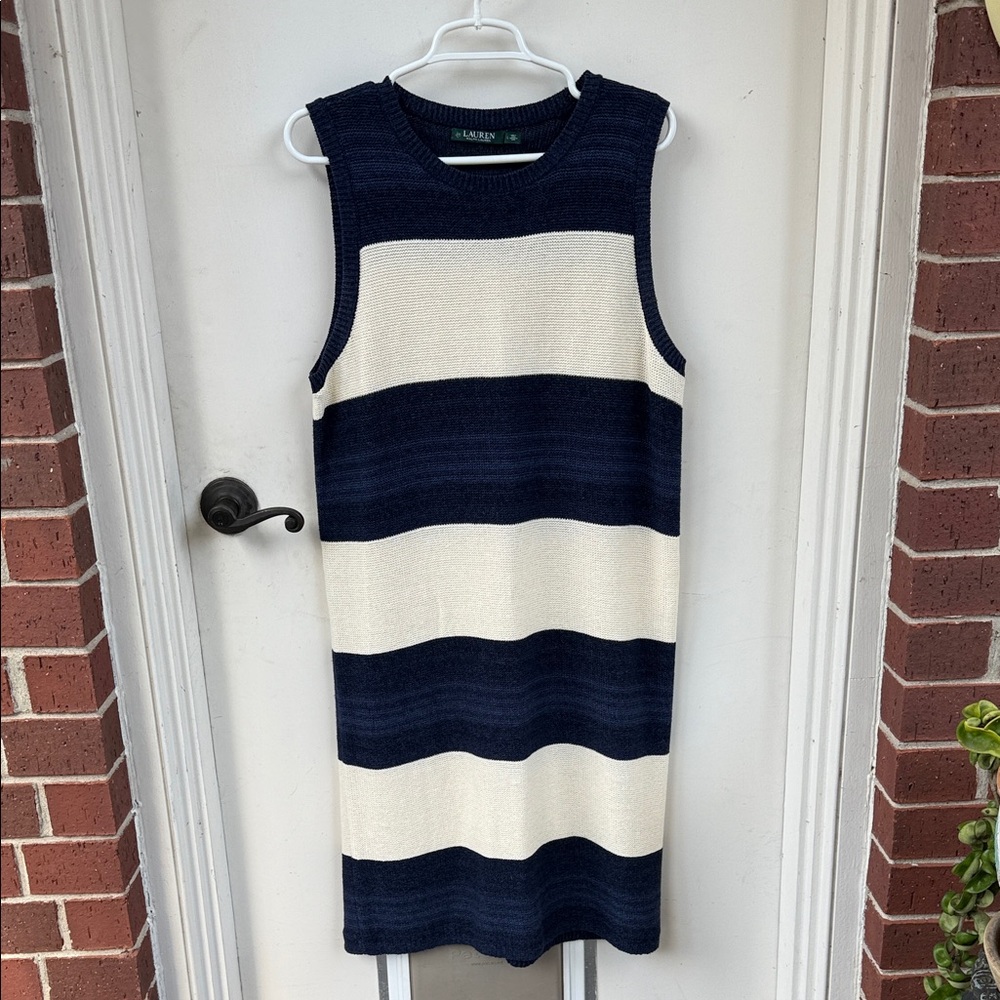 Ralph Lauren Sleeveless Navy and Cream Midi Dress